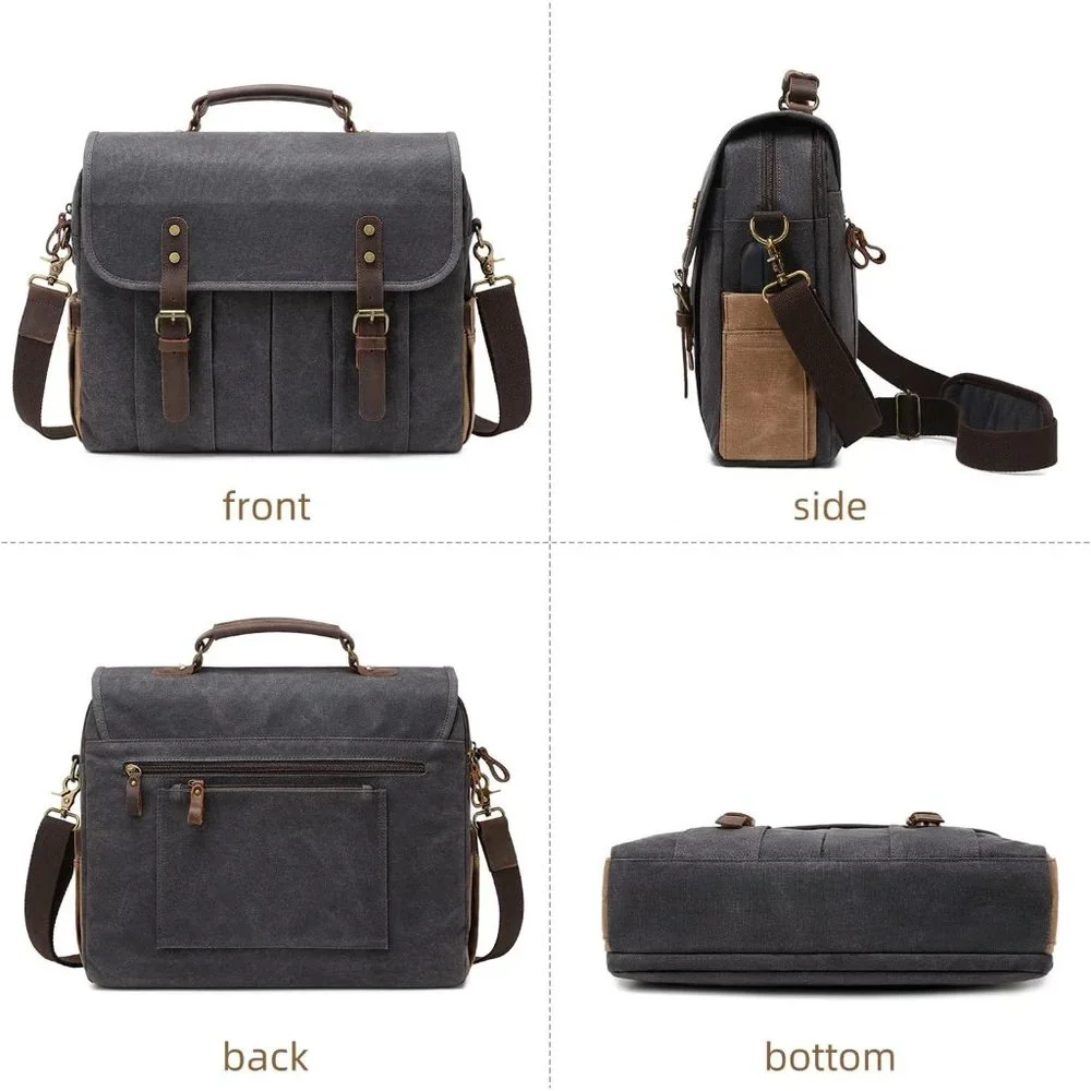 Men's Dark Grey Genuine Leather Canvas Water Resistant Satchel Shoulder Bag